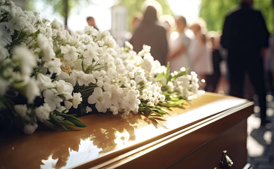 Sarg mit weißen Blumen